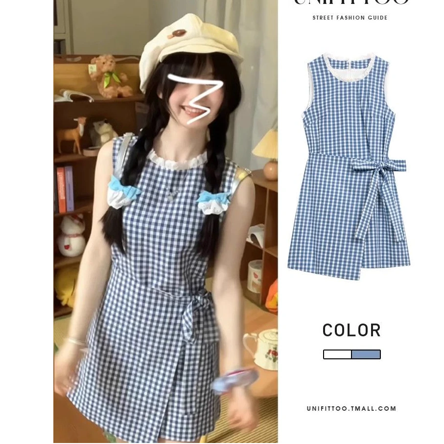 法式学院风蓝色格子背心连衣裙子女夏季2025年新款小个子气质短裙