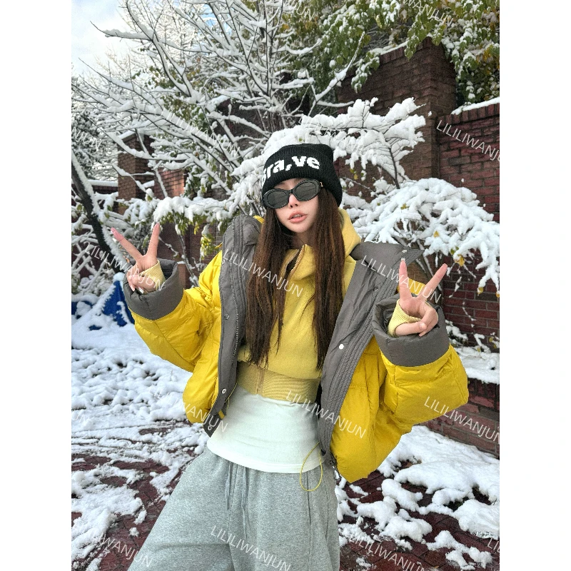 LI婉君 秋冬韩系加厚拼色百搭连帽宽松保暖羽绒服LWJ24D4C2454