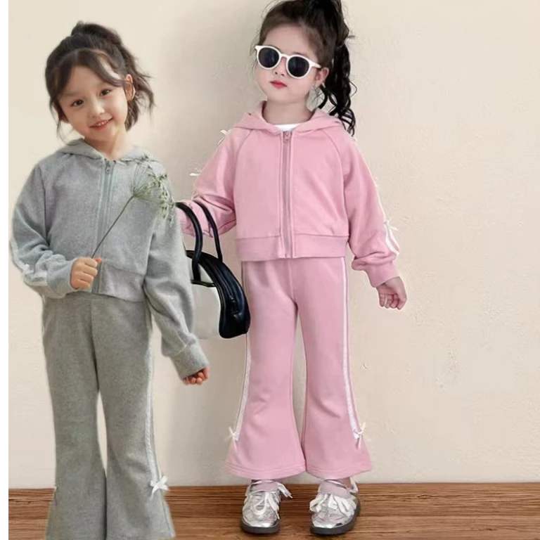 28063女童蝴蝶结卫衣喇叭裤套装春季新款女宝连帽外套裤子两件套