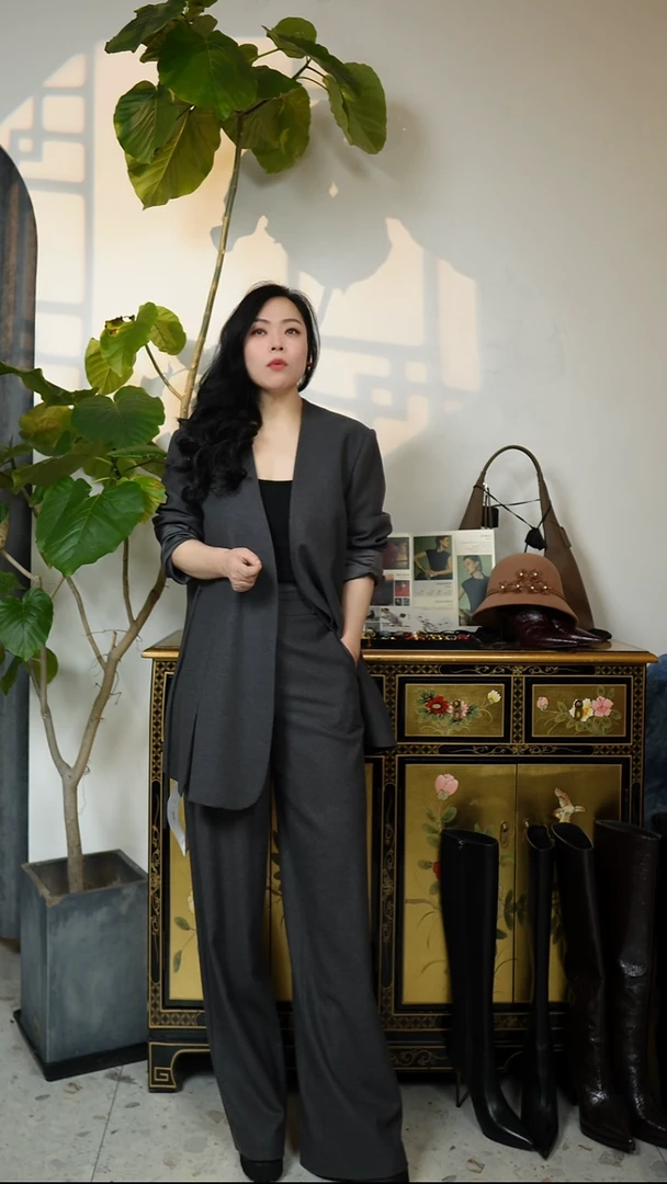 M码（腰围74），高定阔版羊绒外套上衣高腰直筒裤套装，灰色