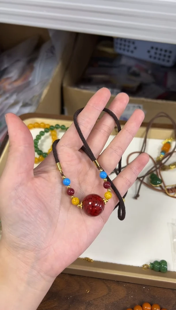 天然辰砂晶体朱砂圆珠项链[2275]