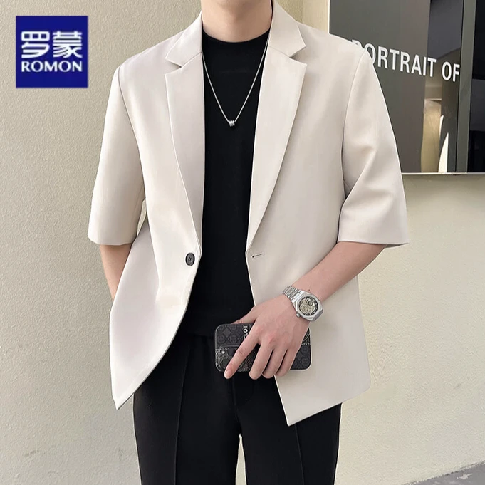 罗蒙夏季七分袖西服高质量痞帅休闲修身新款薄款小西装潮流男外套