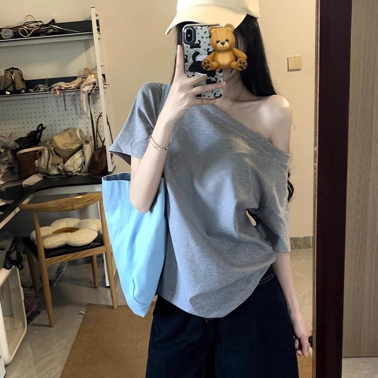 小个子灰色斜肩短款上衣女夏季设计感小众不撞款百搭正肩短袖t恤
