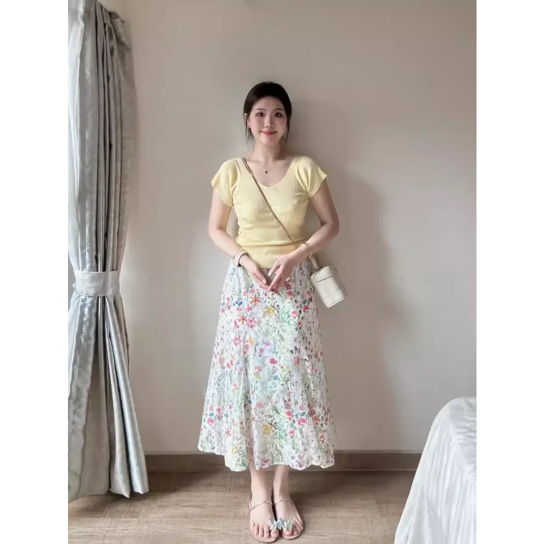 夏装搭配一整套大码胖mm多巴胺黄色针织上衣碎花半身裙减龄套装女