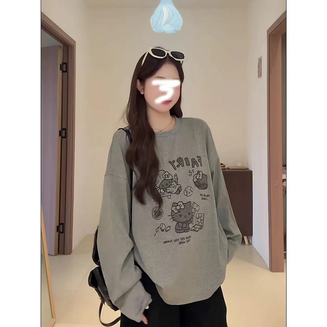 慵懒风宽松大版kt印花长袖T恤女显瘦圆领上衣A3837