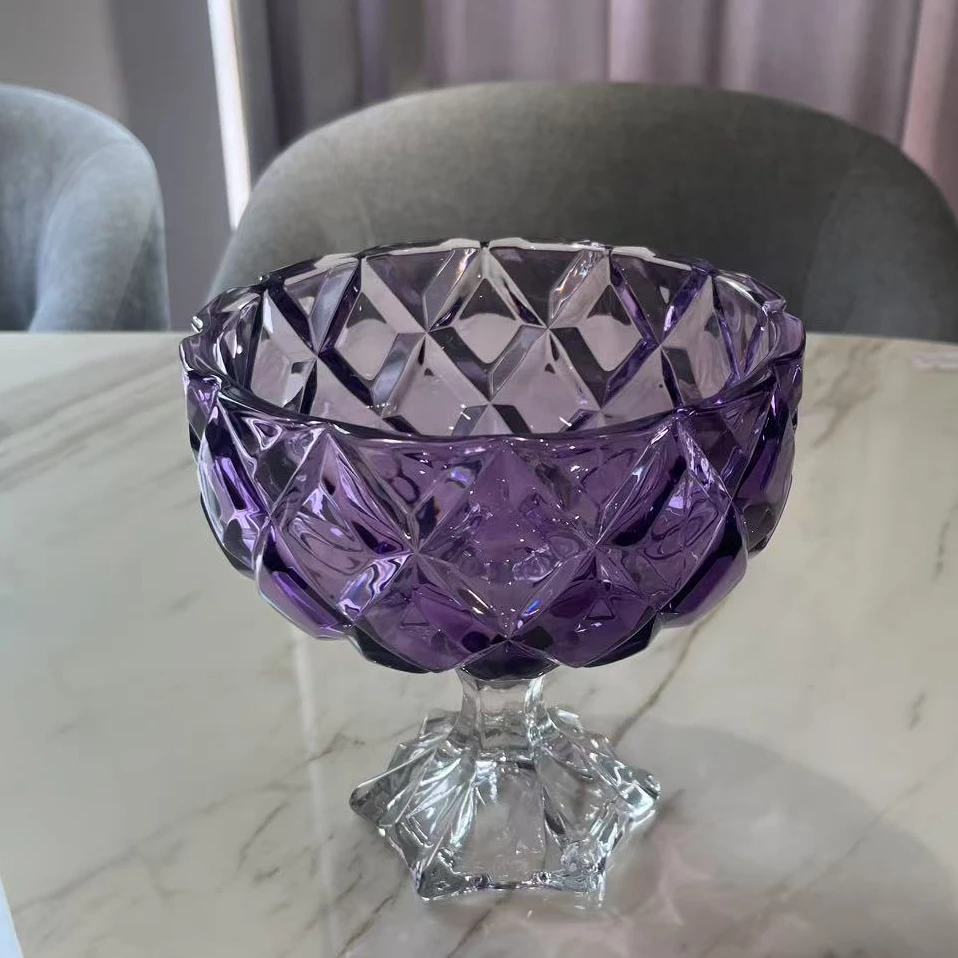 大号菱形紫色高脚水果篮客厅家用装饰收纳果斗