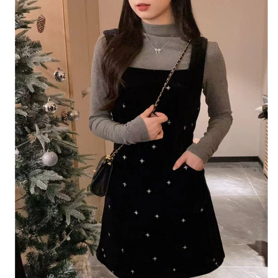 繁星设计感百搭丝绒连衣裙打底衫两件套显瘦细闪雪花星秋冬套装