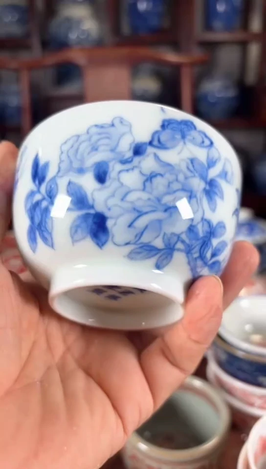 柴窑青花水仙牡丹杯杯