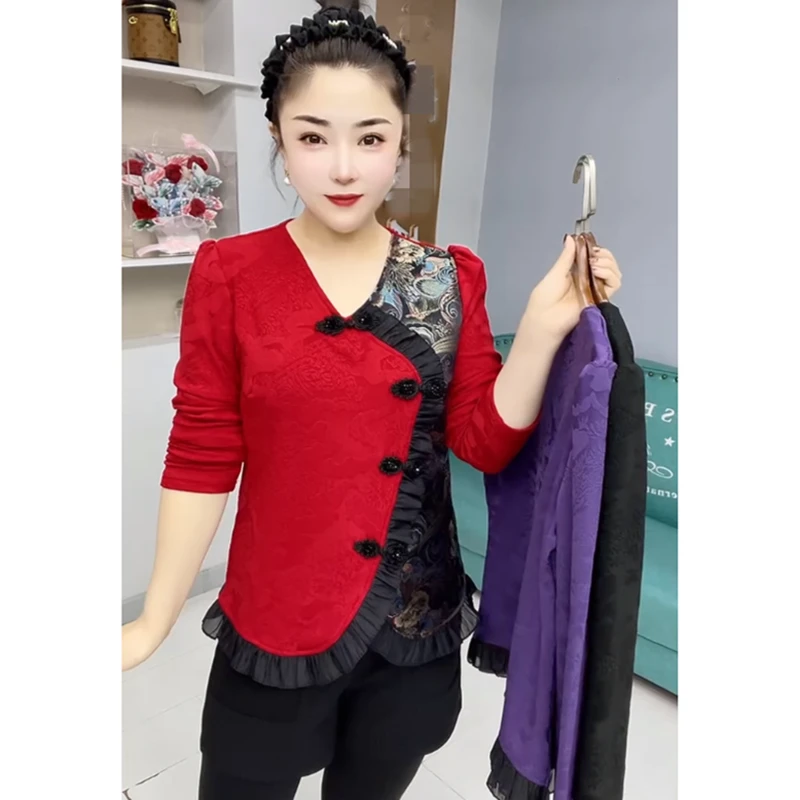 春季时尚百搭V领盘扣宽松套头休闲新年款长袖衫显瘦民族风打底衫