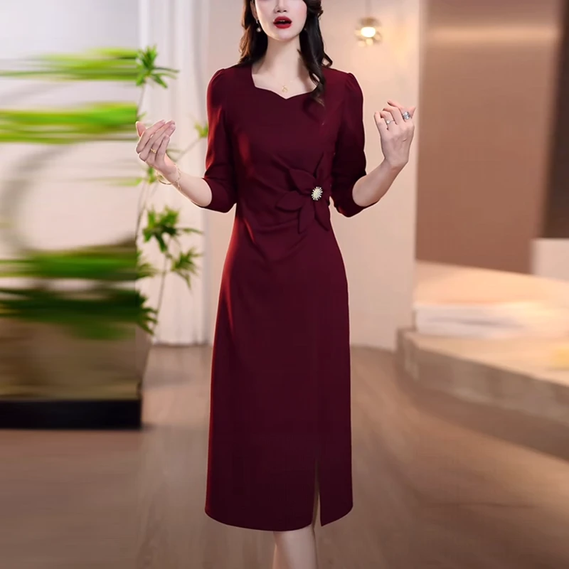 棉感精纺气质轻奢女装2025婚宴秋季新款时尚洋气修身显瘦连衣裙