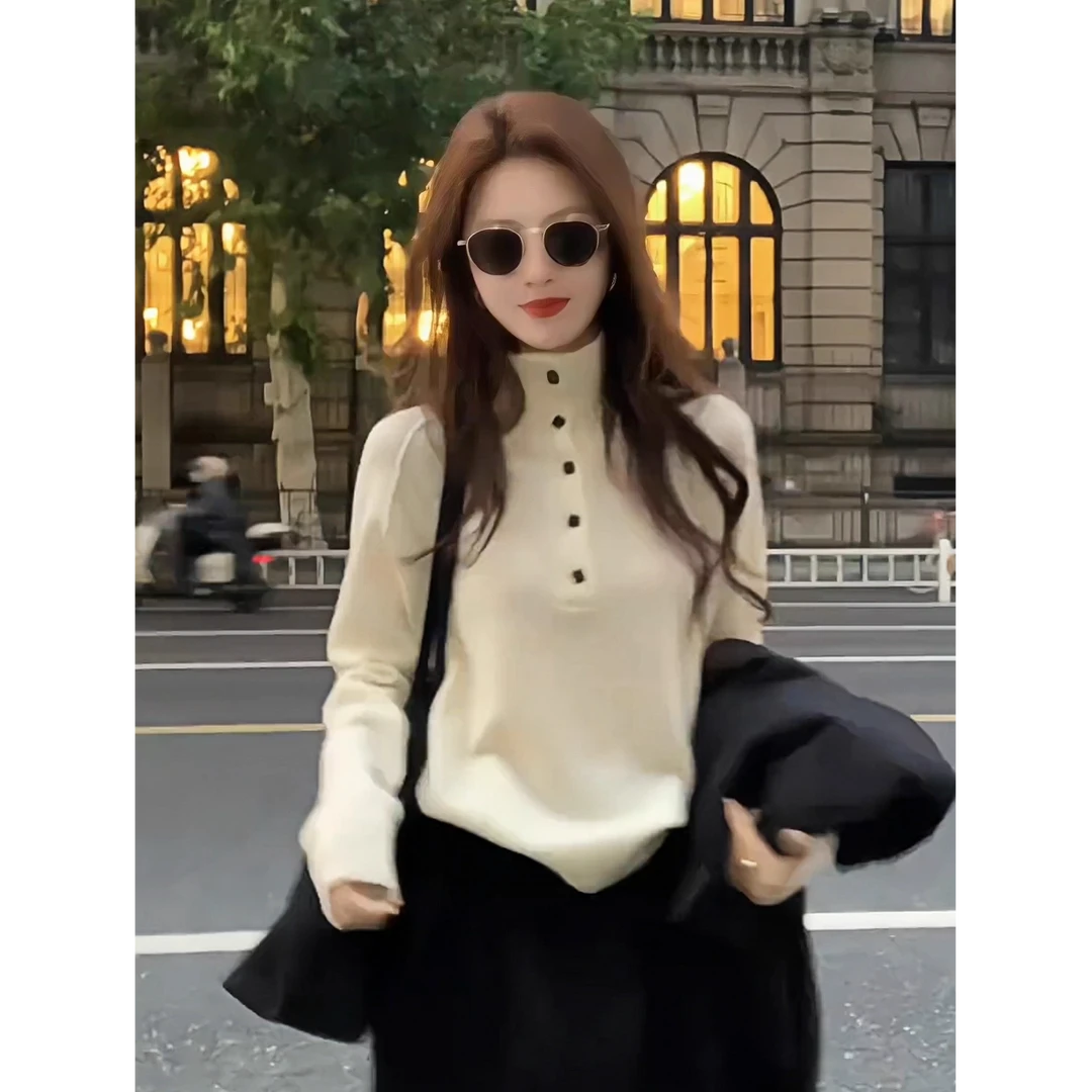 韩系穿搭白色高领针织打底衫女秋冬季宽松慵懒风毛衣内搭长袖上衣