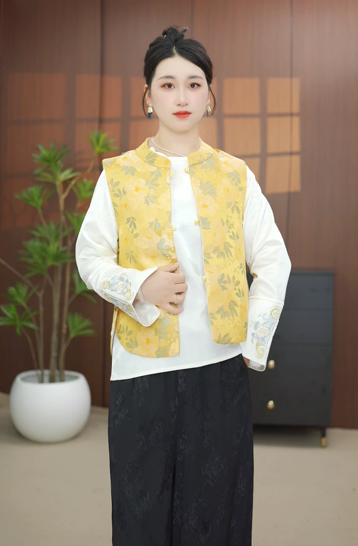 【中式双面】网红扎花方领圆领中国风单排扣提花纯色马夹