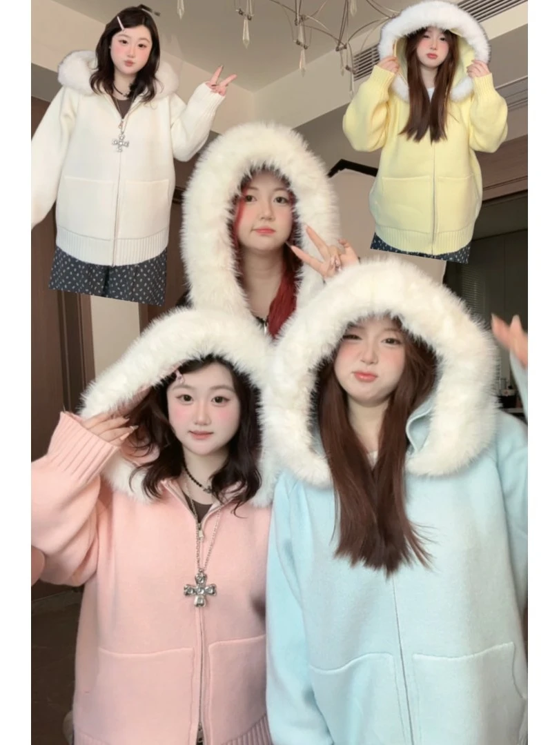 冬季美拉德毛领连帽毛衣外套女2025秋冬显瘦针织开衫上衣18-902