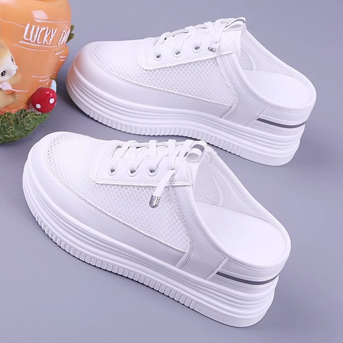 增高7cm夏季网面透气套脚半拖鞋松糕厚底女鞋一脚蹬内增高包头拖