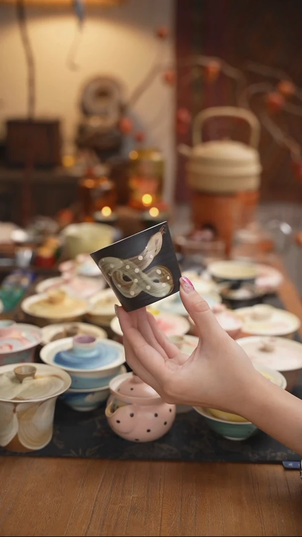 牧渔黑色福蛇猪口杯