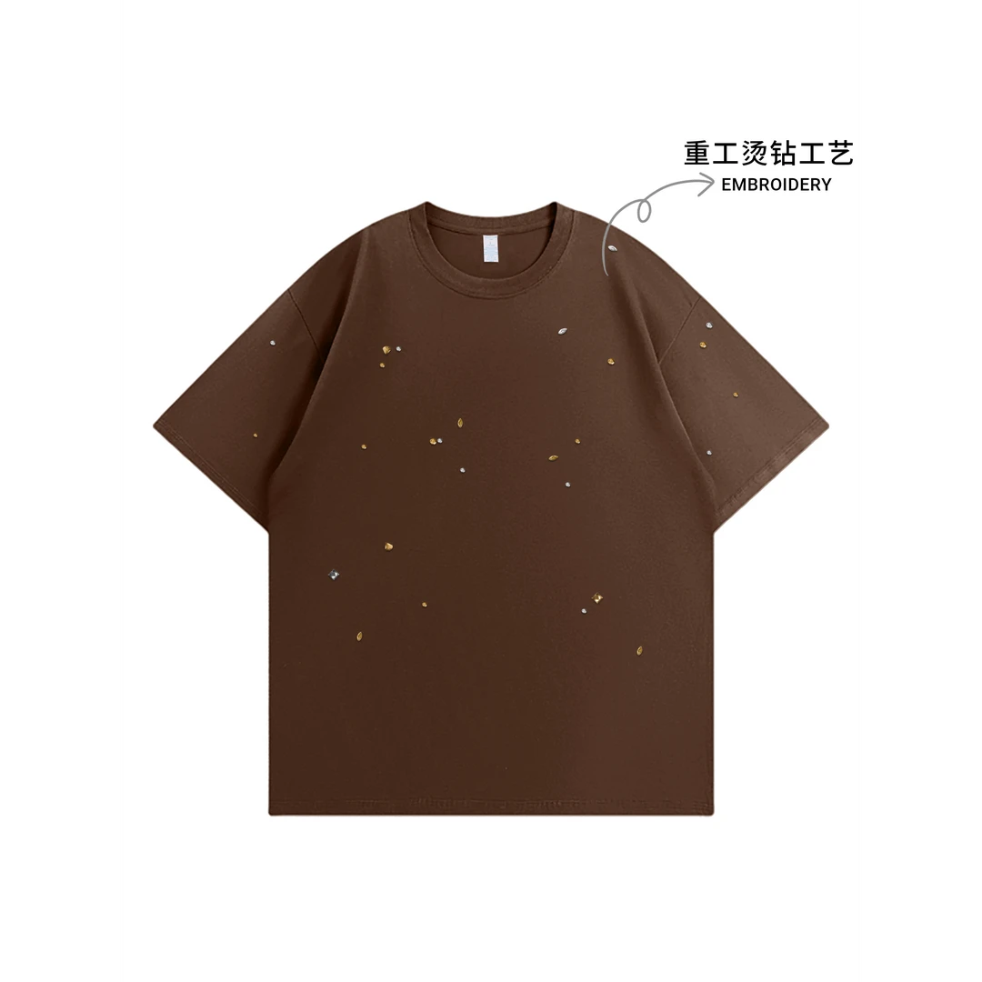 2025美式高街260克100纯棉烫钻设计重工艺潮牌男女同款T恤