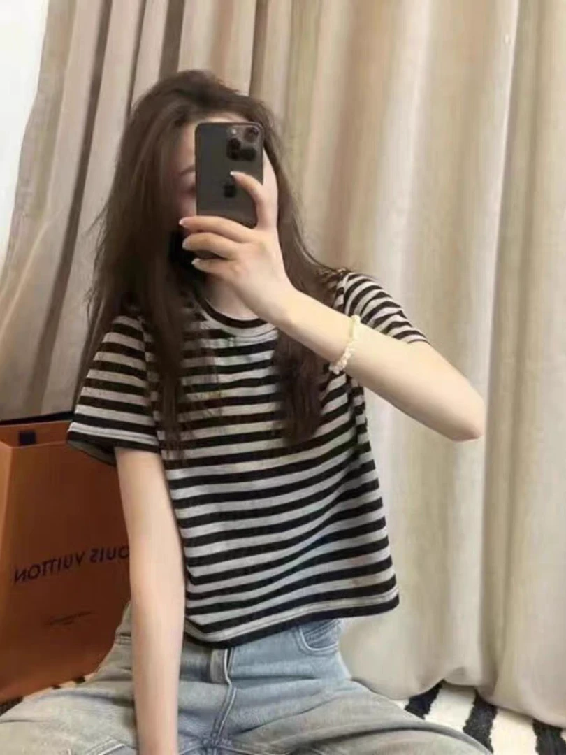 黑白条纹纯棉短款t恤女2025新款夏季短袖小个子打底半袖上衣体恤