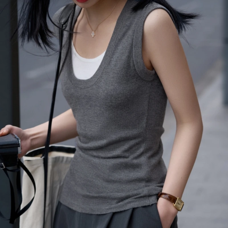 羊范韩系设计感拼接撞色背心吊带女薄款圆领精纺羊毛无袖针织上衣