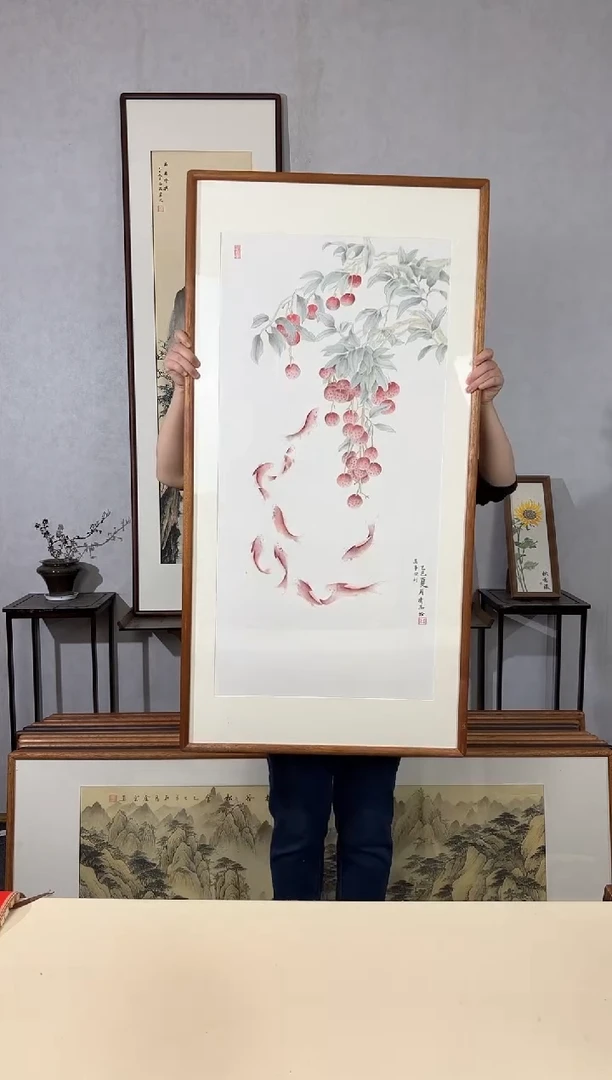 国画手绘*万事顺利（九鱼图）*62*122cm带框发货