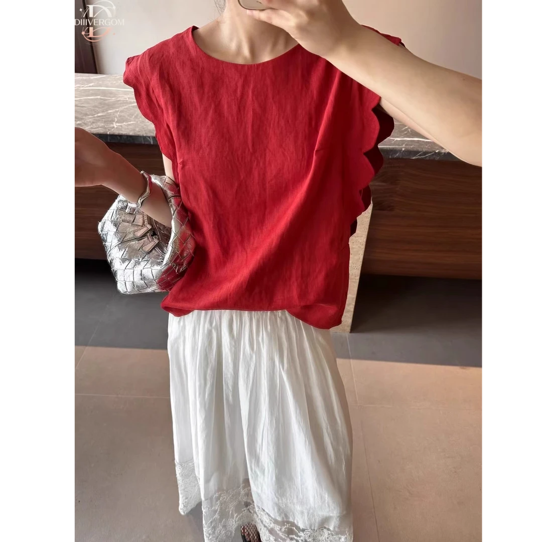 DIIIVERGOM夏季新款木耳边圆领无袖遮肉显瘦别致亚麻上衣衬衫女款