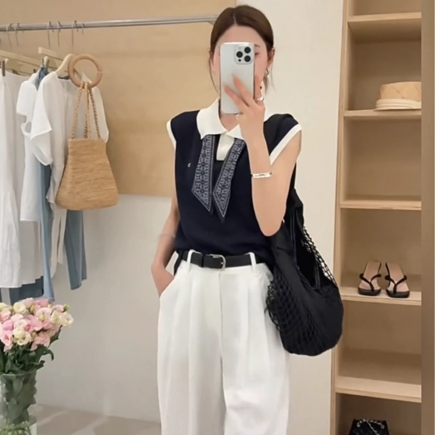 【撞色丝巾无袖polo气质上衣#768】