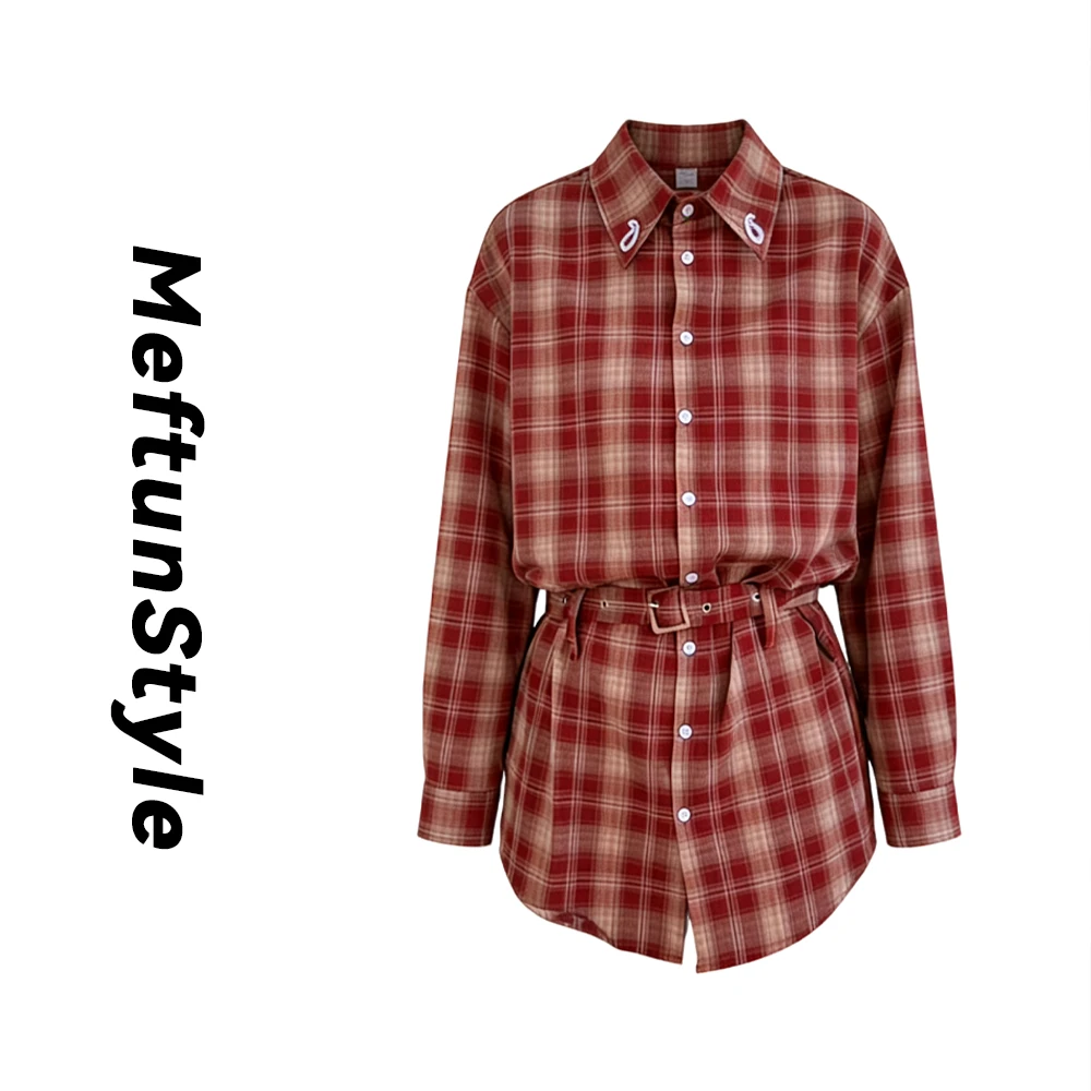 Maftun民族风刺绣复古格子纹衬衫腰带收腰衬衣039