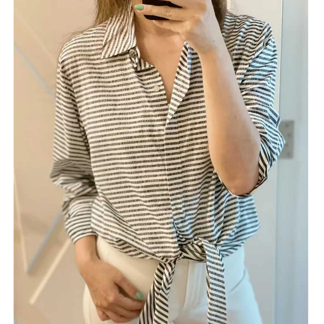 99新 Chanel/香奈儿 38码20S屋顶系列灰色条纹系带衬衫