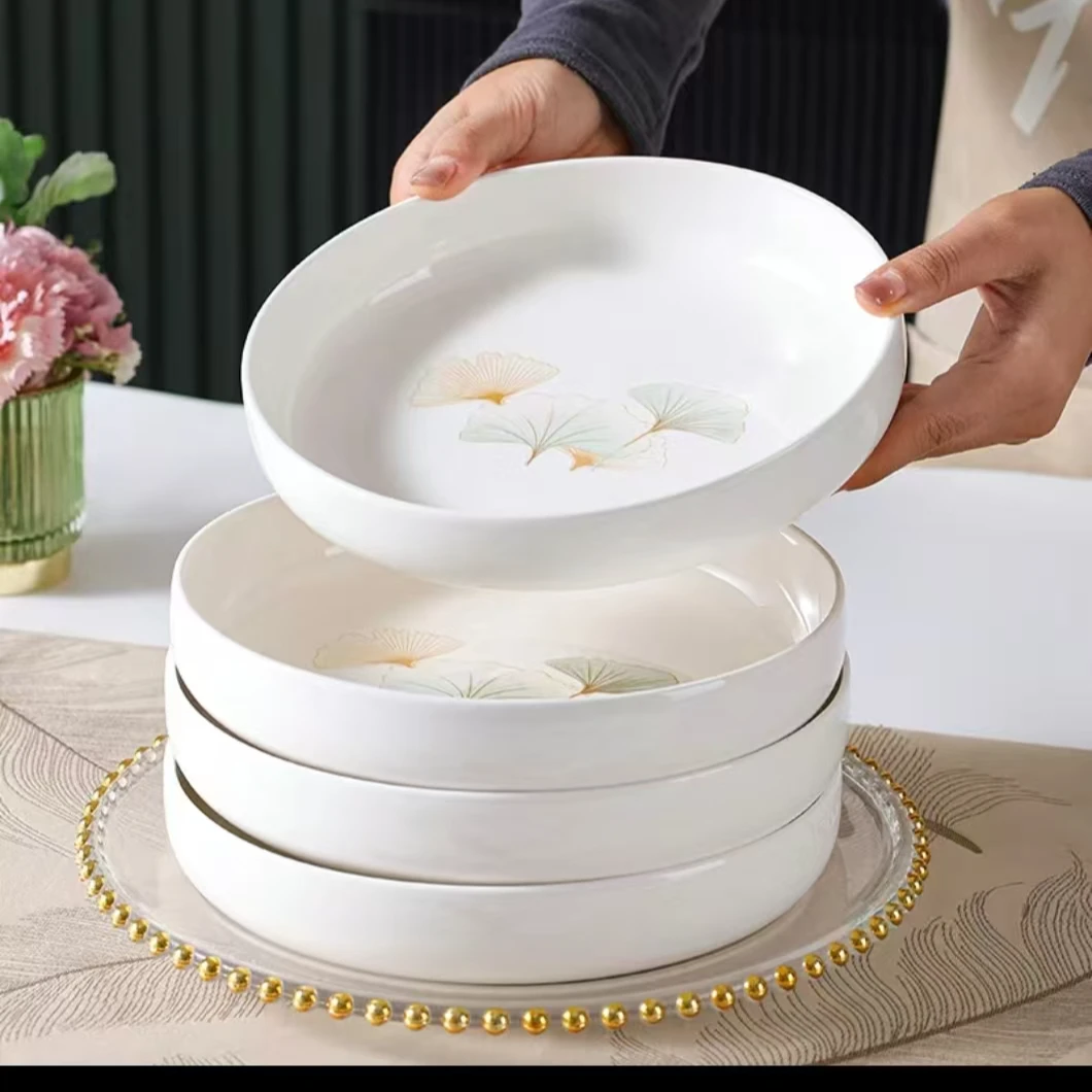 银杏花开8.5英寸窝盘4只装餐具家用简约大号创意陶瓷中式白瓷