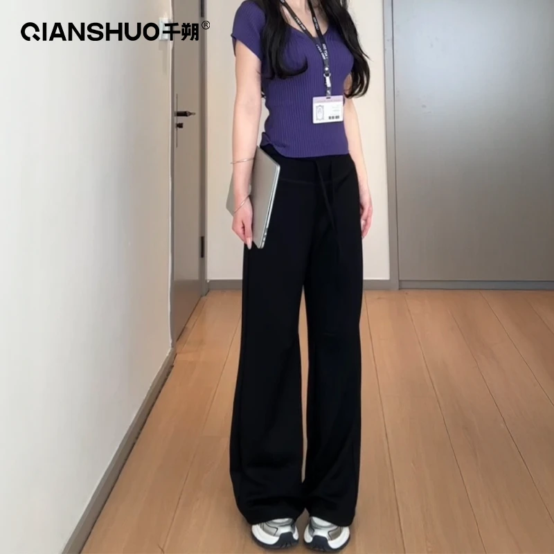 千朔超火秋季新款空气棉美式抽绳休闲裤女显瘦窄版直筒垂感阔腿裤