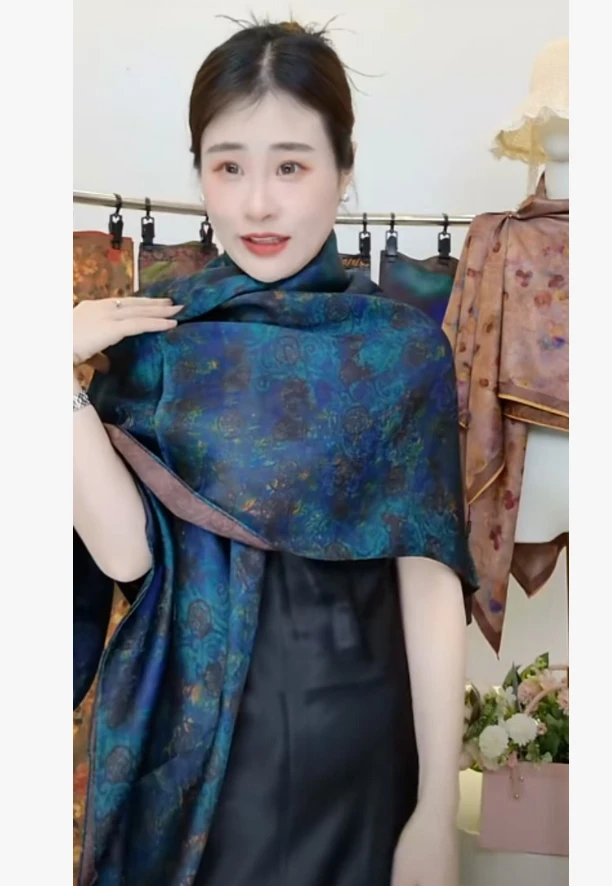 【墨蓝幻纹】140*140湖丝老料重磅重工大方巾双面戴四季款国风披肩