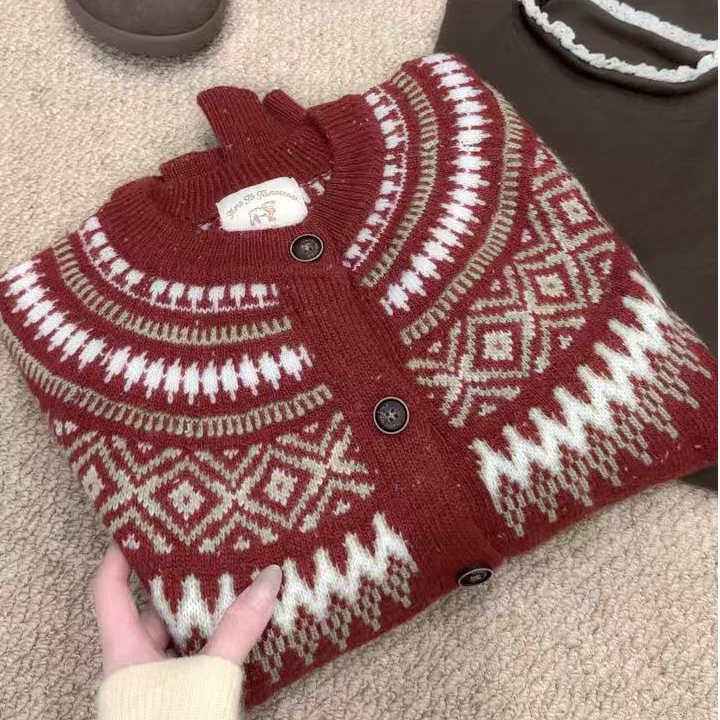 孤品！豆豆专场！圣诞新年红色费尔岛针织开衫复古加厚慵懒风外套