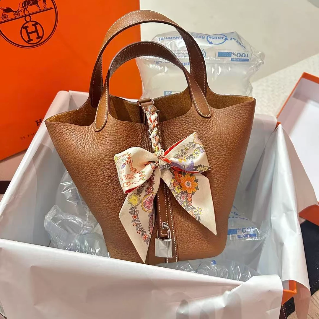 未使用 Hermes/爱马仕 菜篮子18 金棕银扣 Tc皮W刻