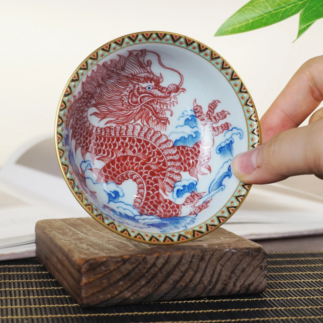 百蕙堂110ml敦煌珐琅彩原矿釉里红龙纹普洱杯纯手工手绘景德镇