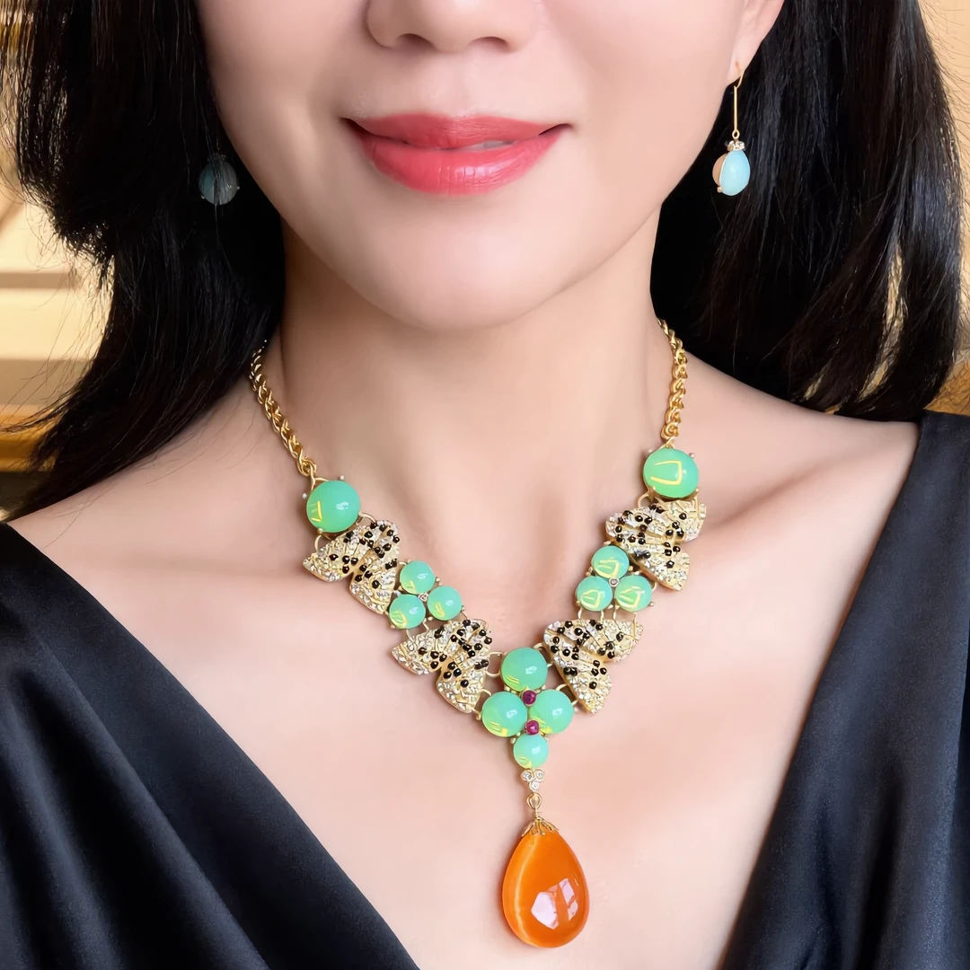 铜合金琉璃项链 时尚百搭轻奢女士项链精致镶嵌彩色坠链