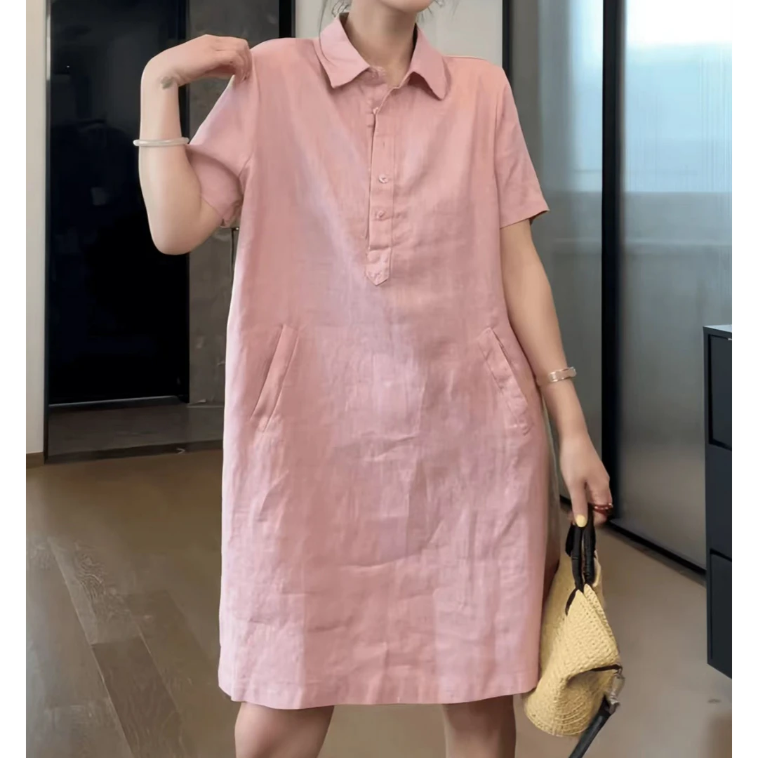 2025夏季新款100亚麻纯色POLO领不过膝连衣裙