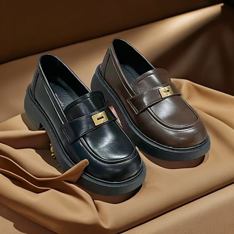 专柜女鞋乐福单鞋真皮女款百搭复古春季厚底平底软底圆头时尚黑色