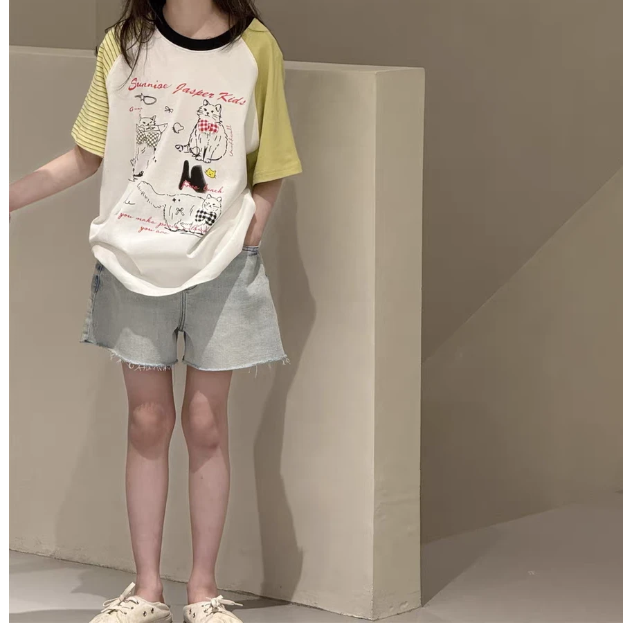 2025夏季新品 猫咪女童T恤 条纹拼色中大童韩版宽松纯棉上衣86921