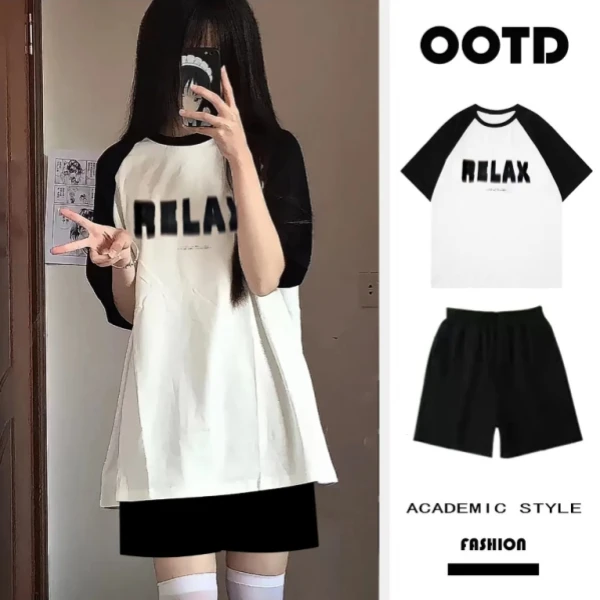 初中生夏季新款套装女学生校园ins风宽松短袖T恤+休闲短裤套装潮