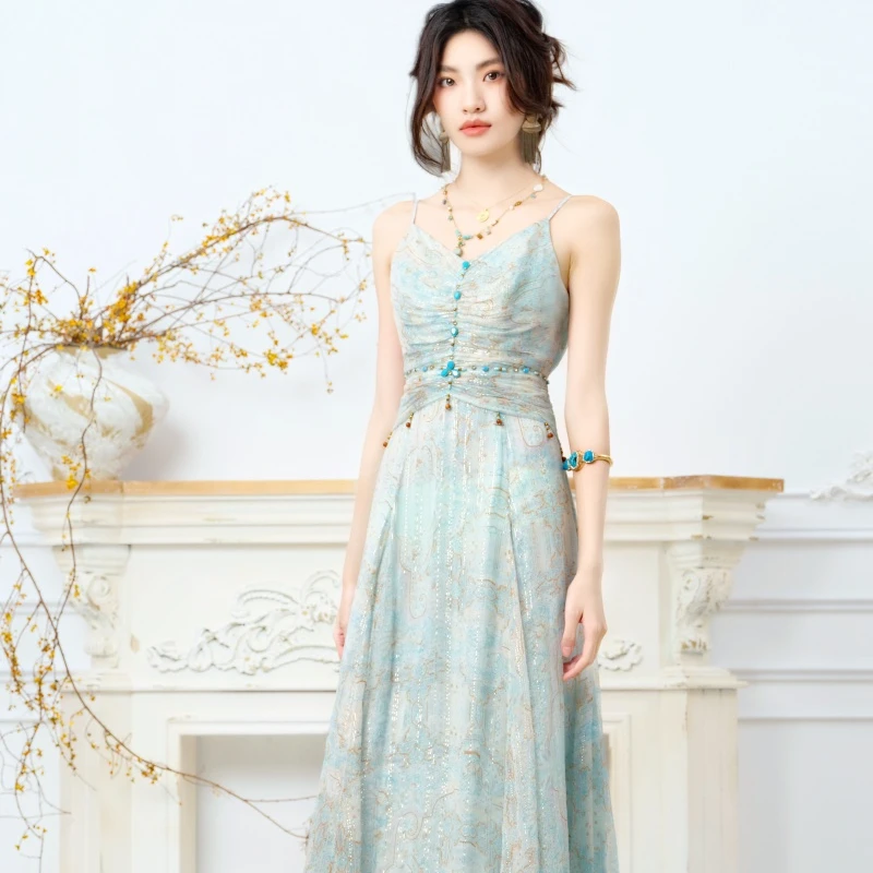 【千年之恋】YINGCHOI 2025 新款金银丝顺纡印花连衣裙 32658