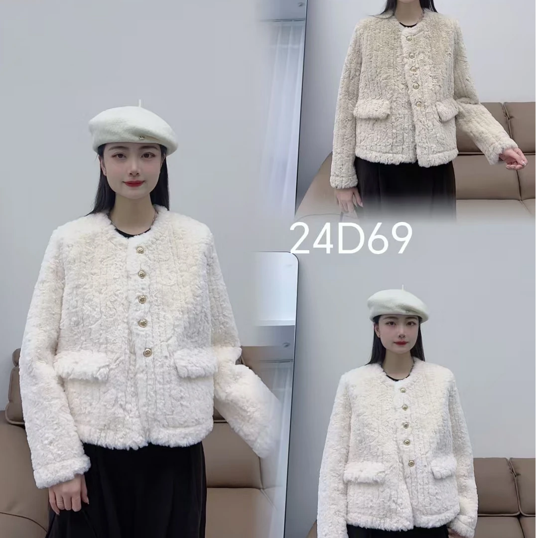 24D69【衣长55】皮毛一体短外套女冬季新款小个子高级感毛茸茸上衣