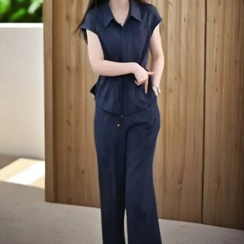 夏季女装两件套气质显瘦洋气减龄时尚优雅收腰遮肉简约套装抽绳款