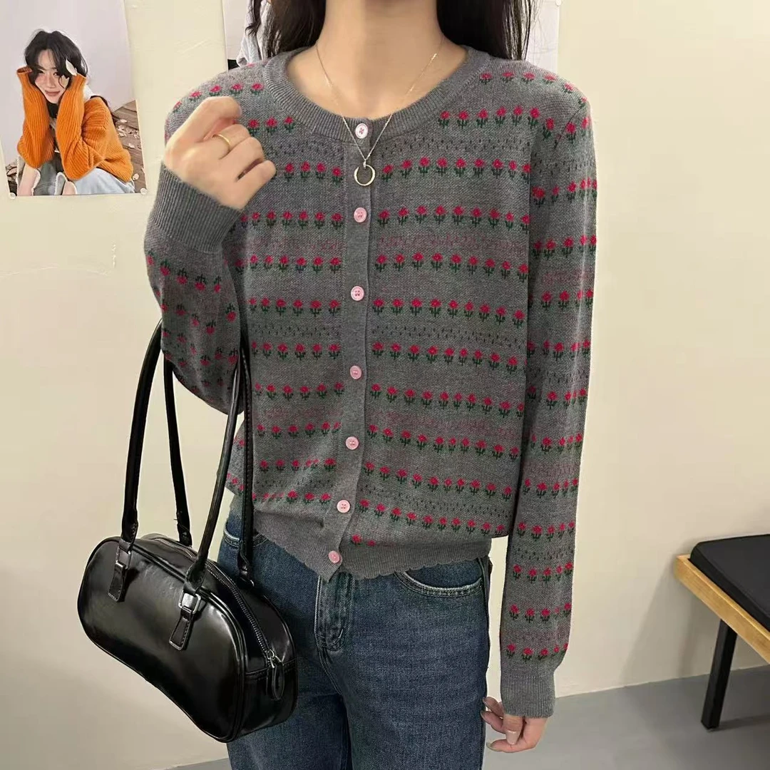 【灰色花朵】开衫小个子早秋针织开衫外套女生519
