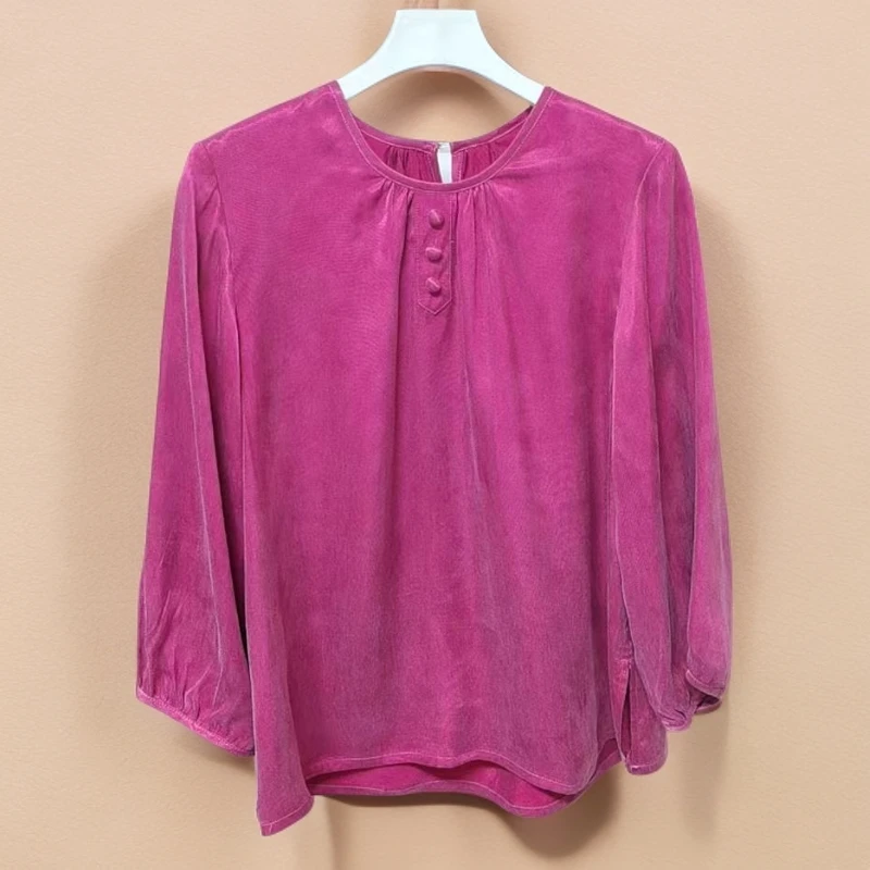 595【嫣然 挂霜】重磅砂洗休闲风圆领高贵气质百搭褶皱七分袖上衣