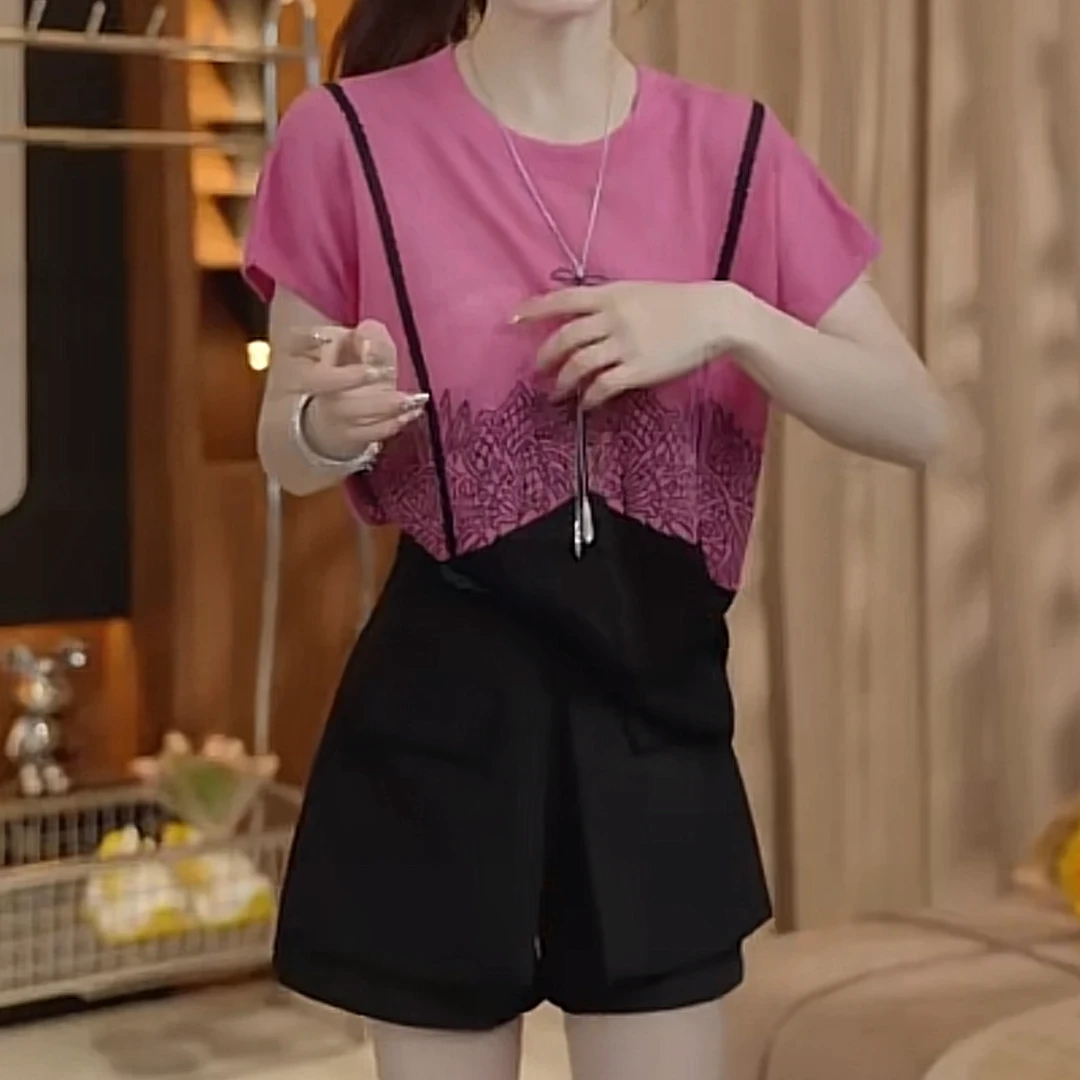潮流拼接圆领假两件T恤女2025夏季新款显白时尚设计感显瘦上衣