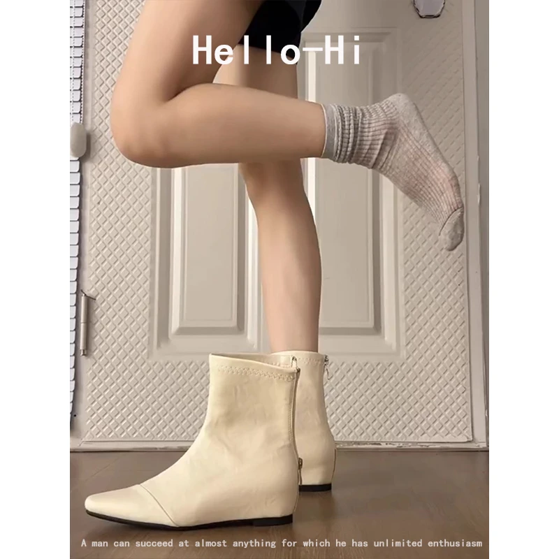 牛皮版~白色短靴秋冬法式百搭方头及踝靴后拉链内增高通勤瘦瘦靴