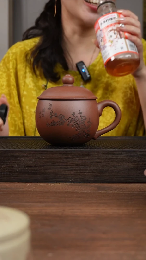 茶壶紫砂紫泥梅花刻绘小胖墩盖杯  ！