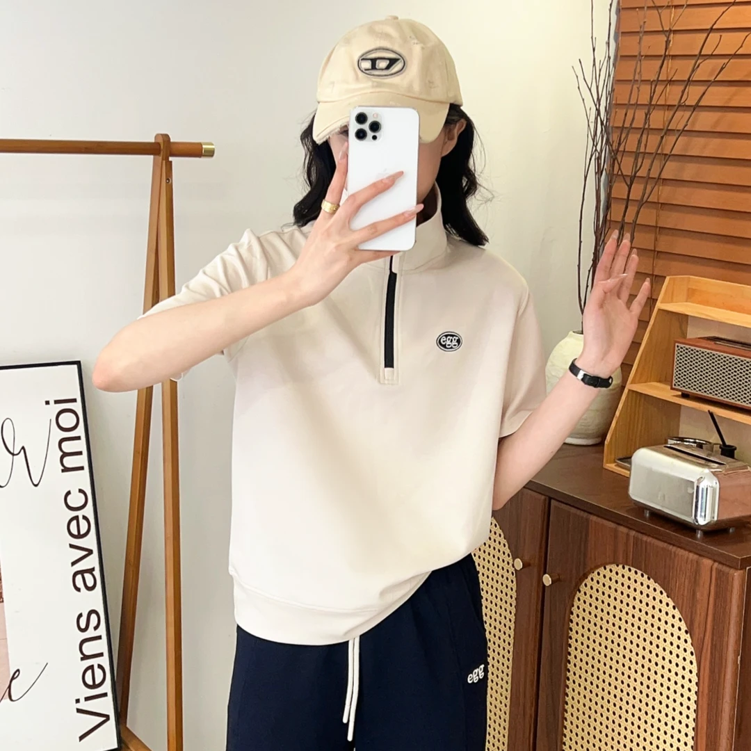 夏季新款韩版小立领拉链正肩短袖简约显瘦刺绣字母休闲女上衣 292