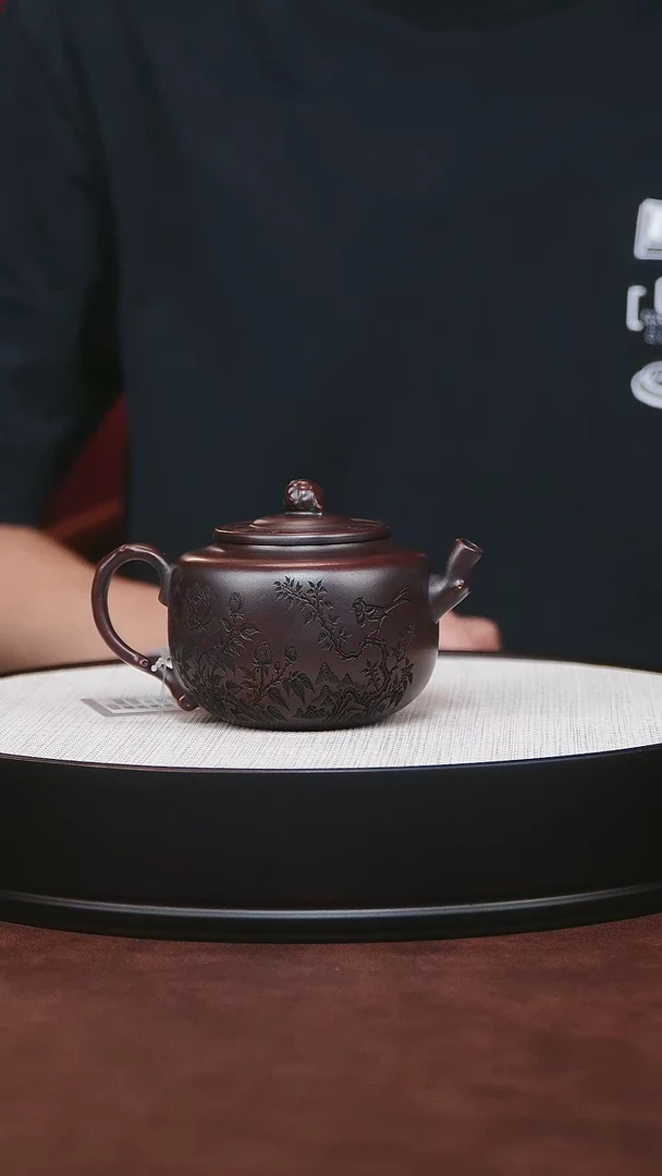 紫砂茶宠宜兴紫砂 花鸟松果汉瓦 铁血红纱 朱志远 260cc