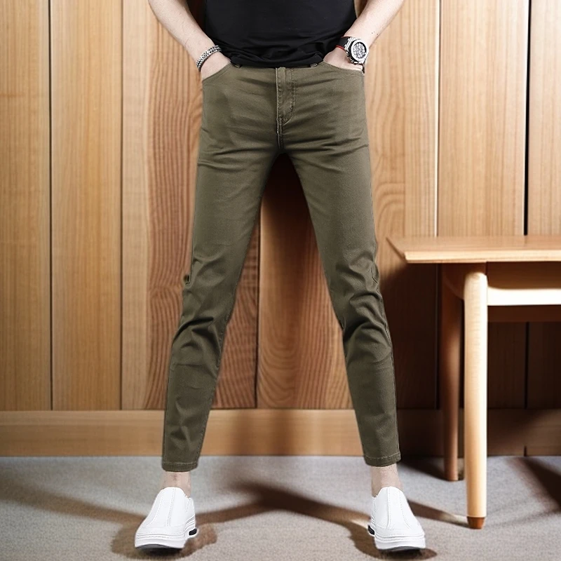 维斯克纳军绿九分牛仔裤修身小脚夏季薄款新款休闲显瘦男士9分裤