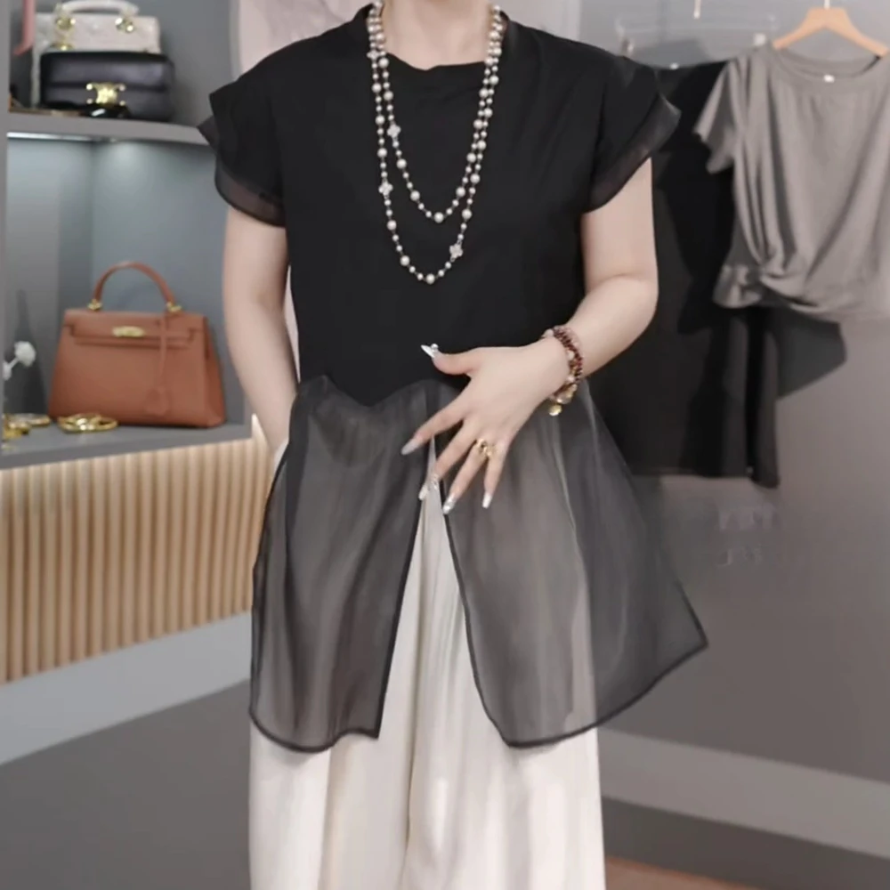 〖彰显精致〗2025夏季新款韩版设计感拼接网纱宽松显瘦中长上衣